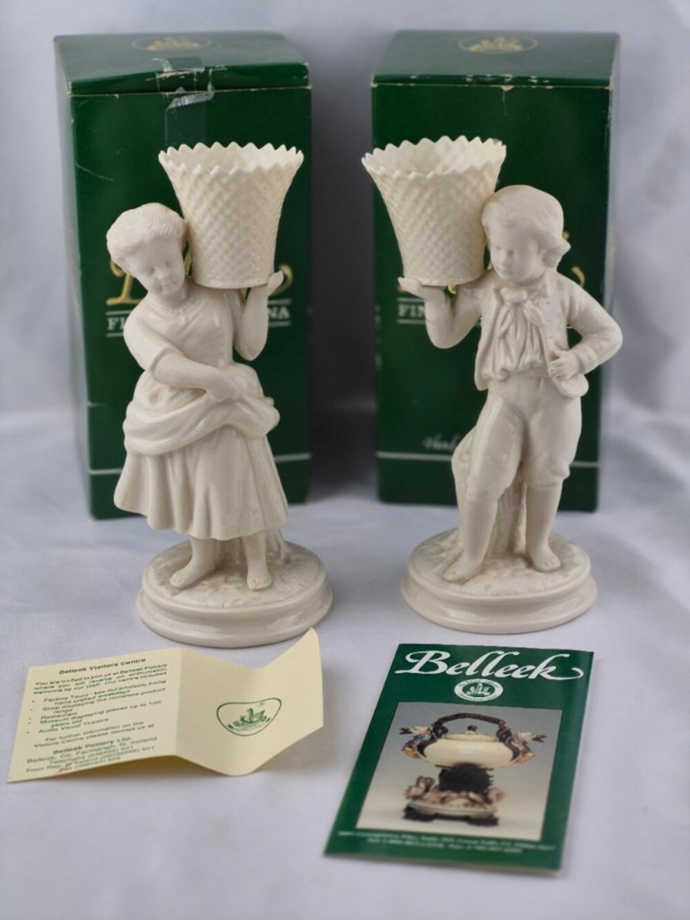 Vintage Belleek Victorian Boy & Girl Basket Carriers 7th Gold/Brown Mark Irish